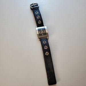 Black Leather Silver Square Face Watch